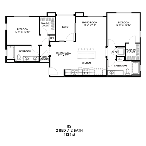 Floor plan for 2 beds, 2 baths, 1134 sqft